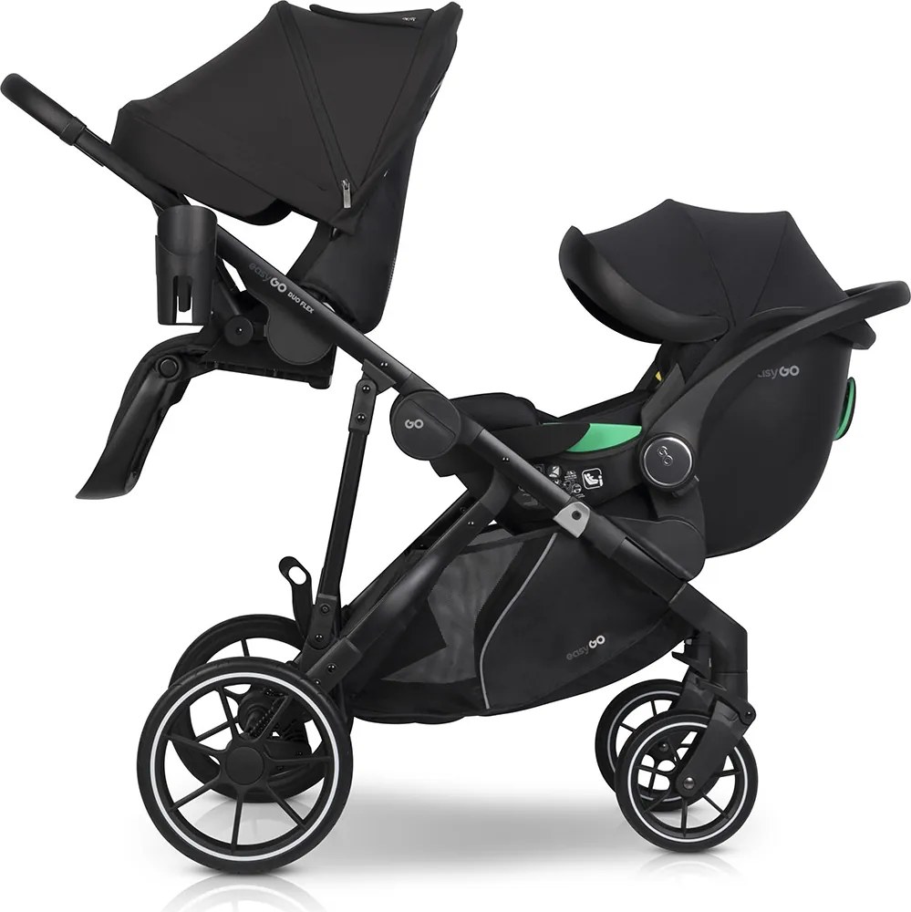 Súrodenecký kočík EasyGo Duoflex Ebony Black, 2 športové časti , 1 hlboká vanička