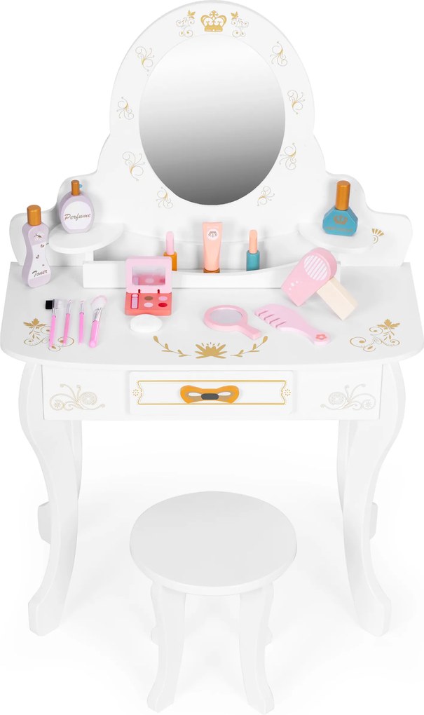 Detská drevená toaletka pre dievčatá s veľkým zrkadlom, zásuvkou a doplnkami ECOTOYS