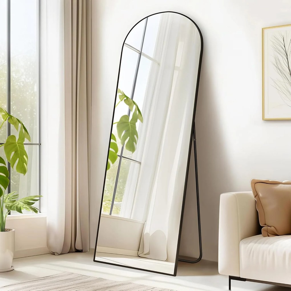 Zrkadlo v plnej dĺžke, zaoblené stojace zrkadlo, 160 x 50 cm, čierny rám