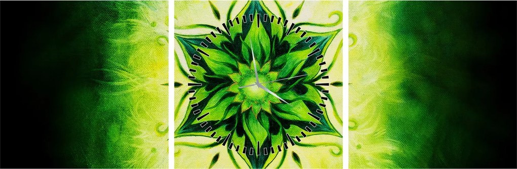 Obraz - Kvetinová mandala v zelenom pozadí (s hodinami) (90x30 cm)