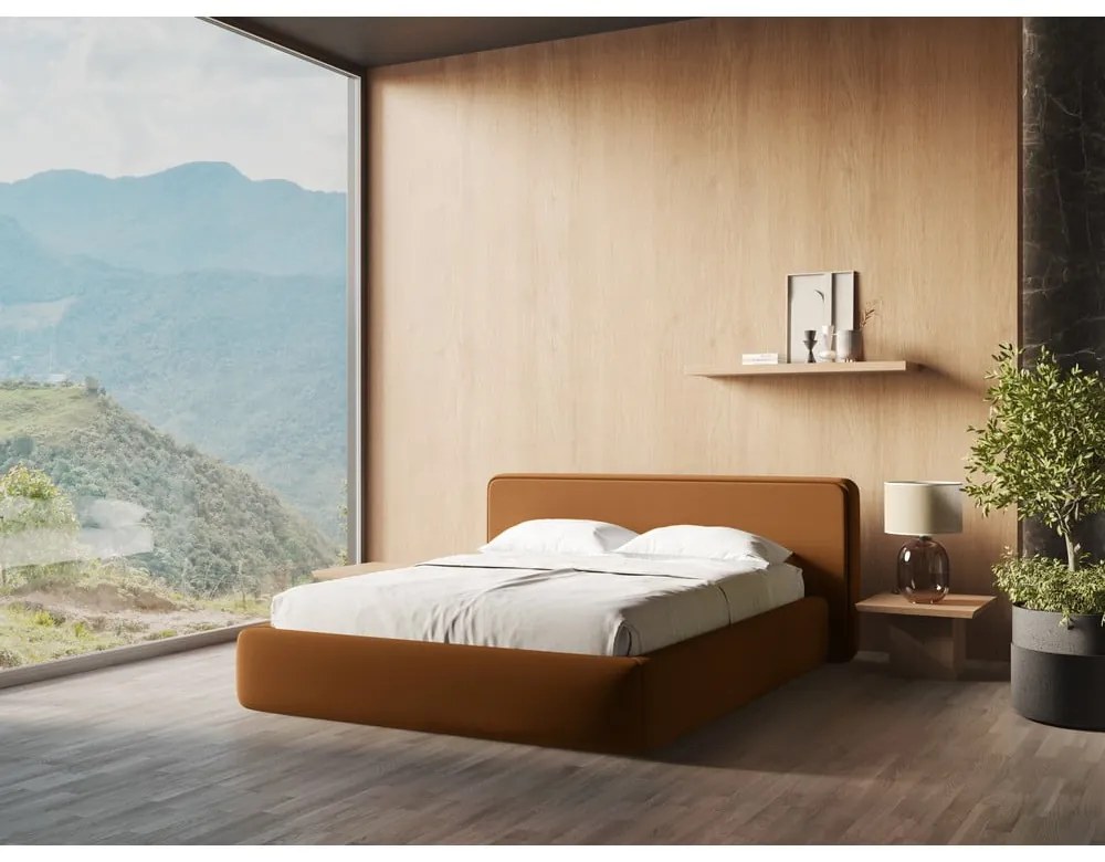 Čalúnená dvojlôžková posteľ v terakotovej farbe s úložným priestorom s roštom 160x200 cm Kiana – Makamii