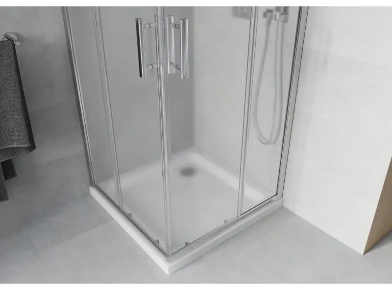 Mexen Rio, štvorcový sprchovací kút s posuvnými dverami 70(dvere) x 70(dvere) x 190 cm, 6mm sklo námraza, chrómový profil + biela sprchová vanička SLIM, 860-070-070-01-30-4010