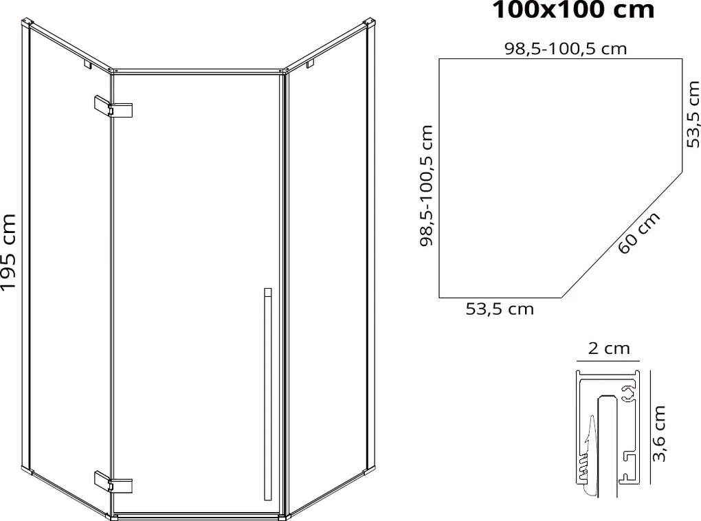 Päťuholníkový sprchový kút REA DIAMOND 100x100 cm, čierny matný/transparent - bez vaničky