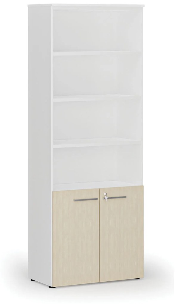 Kombinovaná kancelárska skriňa PRIMO WHITE, dvere na 2 poschodia, 2128 x 800 x 420 mm, biela/breza