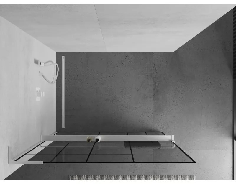 Mexen Kioto+ L, sprchová zástena Walk-In s poličkou a vešiakom 70 x 200 cm, 8mm číre sklo čierny vzor, biely profil, 800-070-123-20-78