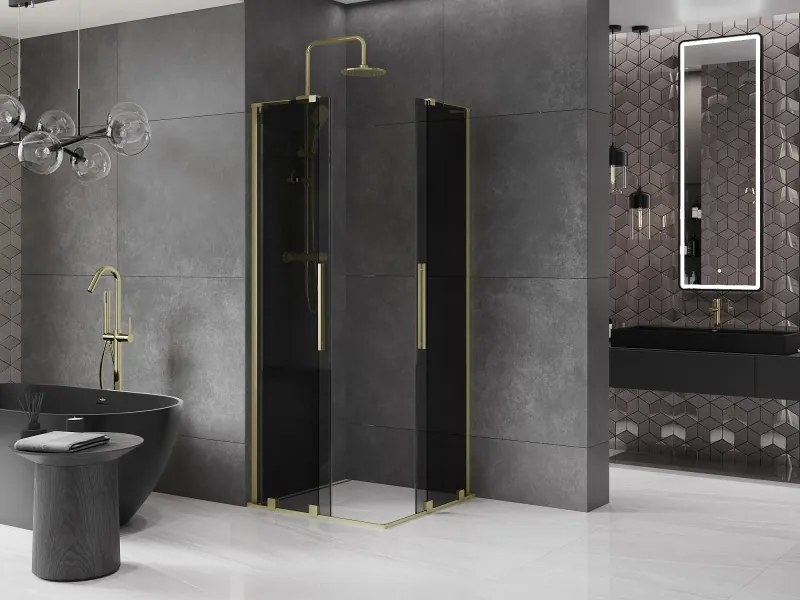Mexen Velar L Duo, sprchový kút s posuvnými dverami 80 x 80 cm, 8mm šedé sklo, zlatá matná, 871-080-080-02-43-55