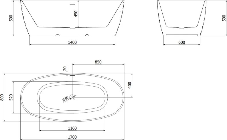 Mexen Olea, voľne stojaca vaňa, vzor, 170 × 80 cm, biela-čierna, grafitový prepad, 52821708075-66