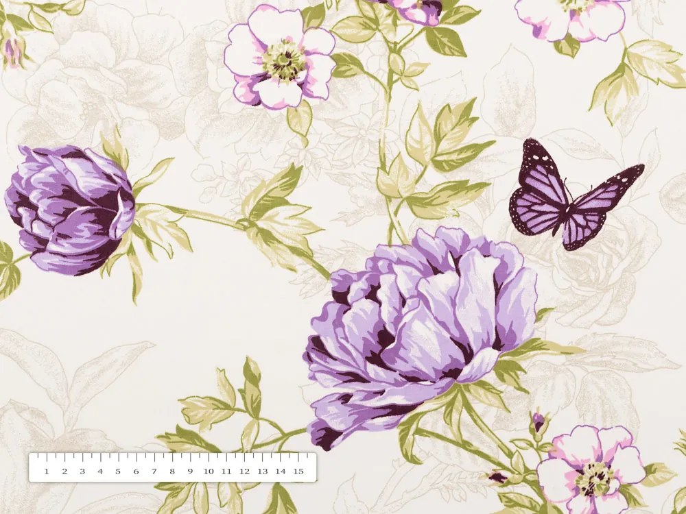 Biante Bavlnený oválny obrus Sandra SA-532 Fialové kvety s motýlikmi na svetlo krémovom 120x180 cm