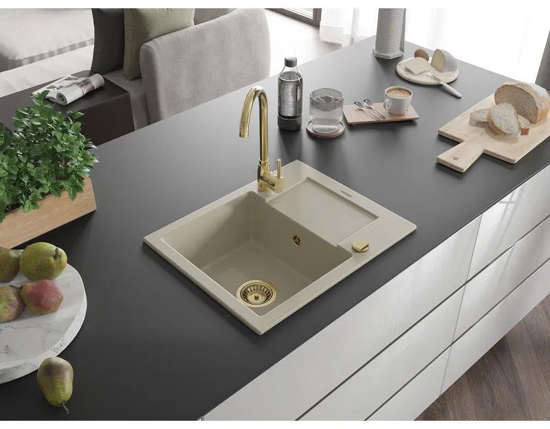 Mexen Enzo, granitový drez 576x465x174 mm, 1-komorový, béžová so zlatým sifónom, 6506571005-69-G