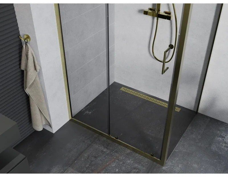 Mexen Apia, sprchový kút s posuvnými dverami 135 (dvere) x 70 (stena) cm, 6mm číre sklo, zlatý profil, 840-135-070-50-00