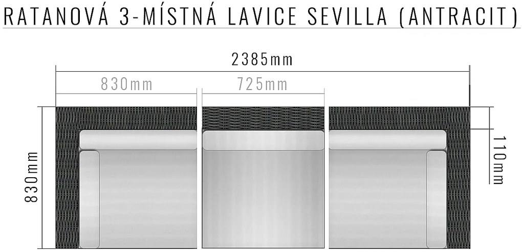 Deokork Ratanová 3-miestna lavica SEVILLA (antracit)