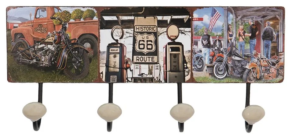 Nástenný kovový vešiak so 4-mi háčikmi Route 66 - 40*7*18 cm