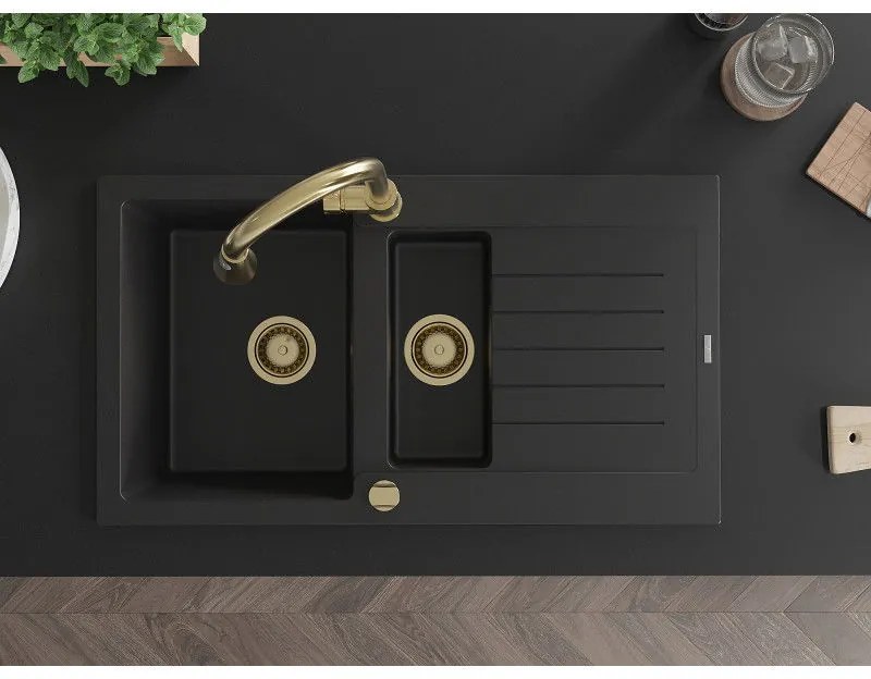 Mexen Matias, 1,5-komorový granitový drez 900x505x200 mm a drezová batéria Elia, čierna, 6502-77-670101-50