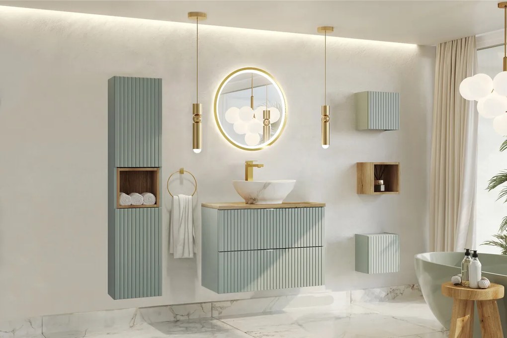 Závesná skrinka pod umývadlo Line Reed s doskou 80 cm zelená/dub coast evoke