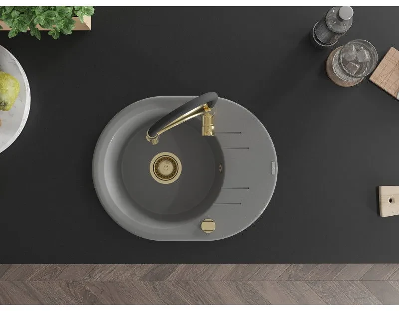 Mexen Kevin, 1-komorový granitový drez 586x458x190 mm a drezová batéria Aster, šedá, 6517-71-73450-57-G
