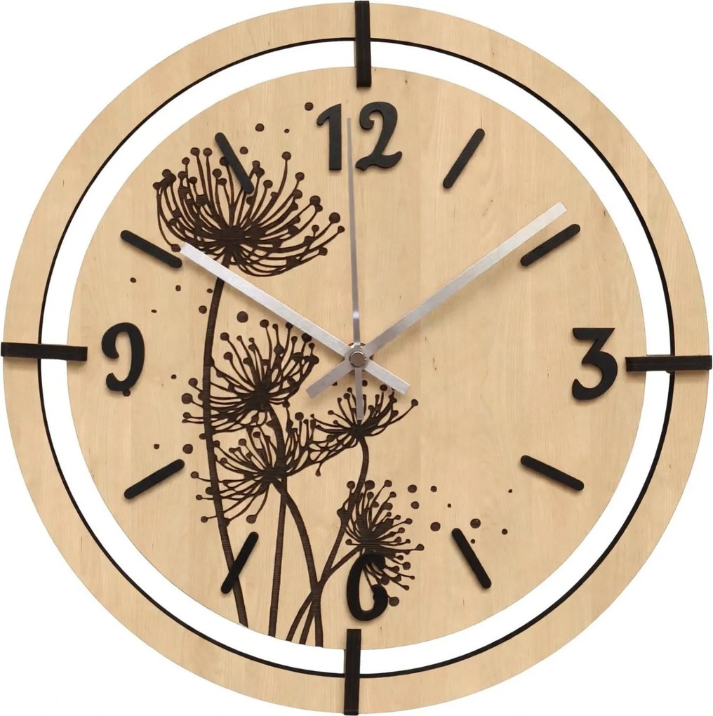 Nástenné hodiny s motívom púpava | LOTI: HDF - Javor 30 cm 4811-115544 HDF0706-ruky-silver