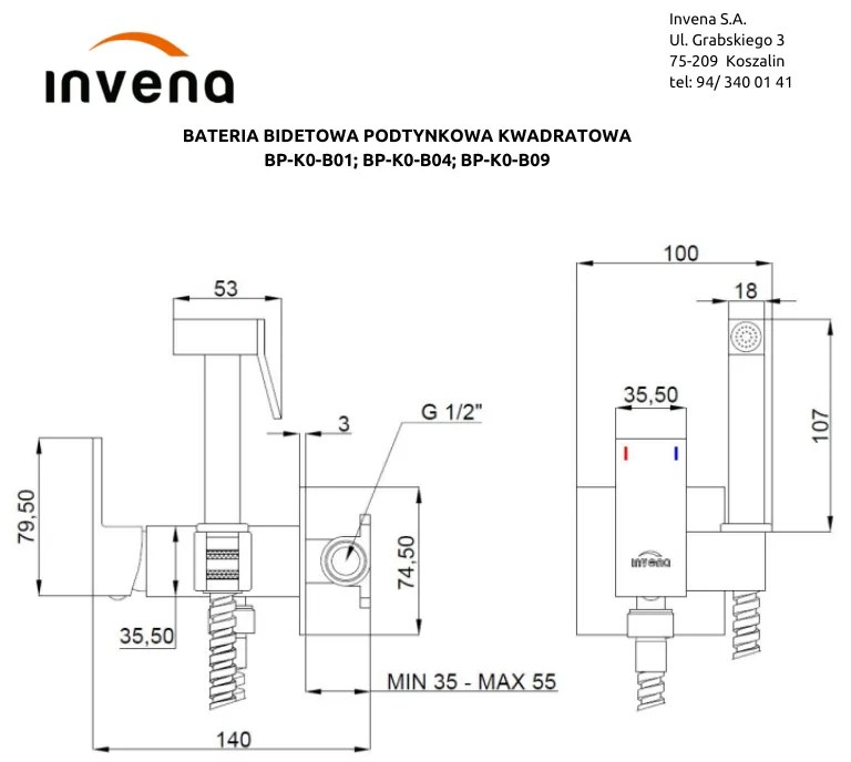 Invena Invena, podomietková bidetová batéria, čierna matná, INV-BP-K0-B04-L
