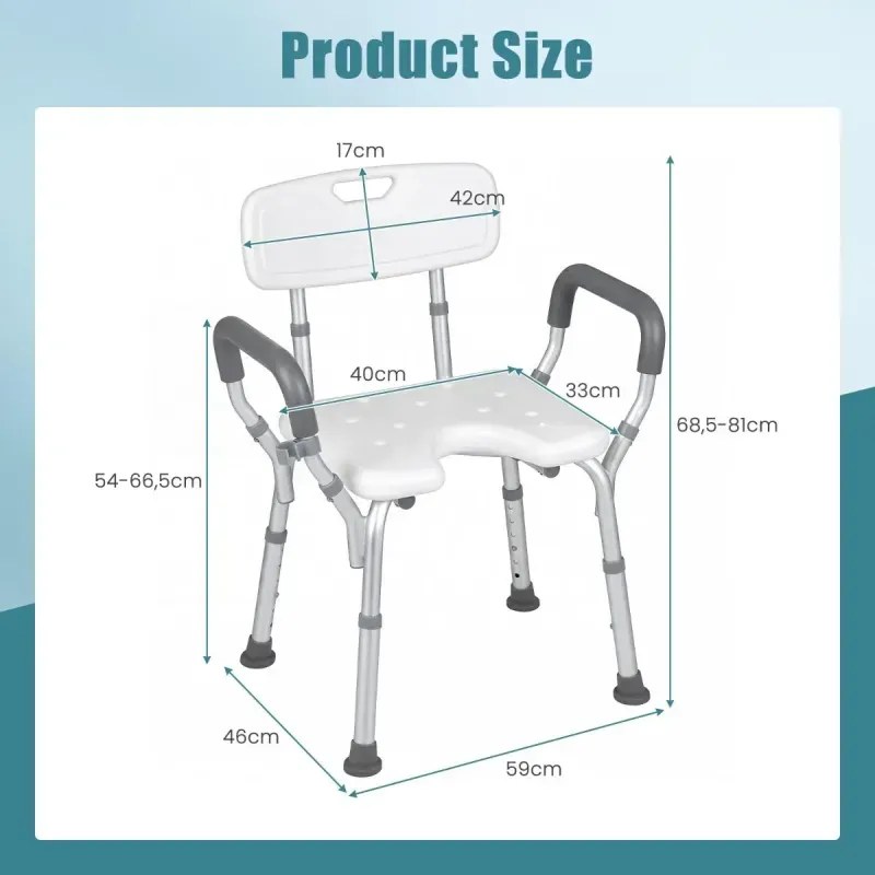 Hliníková sprchová stolička, sprchová stolička s 6-smerovým výškovo nastaviteľnou výškou s podrúčkami a operadlom, strieborná