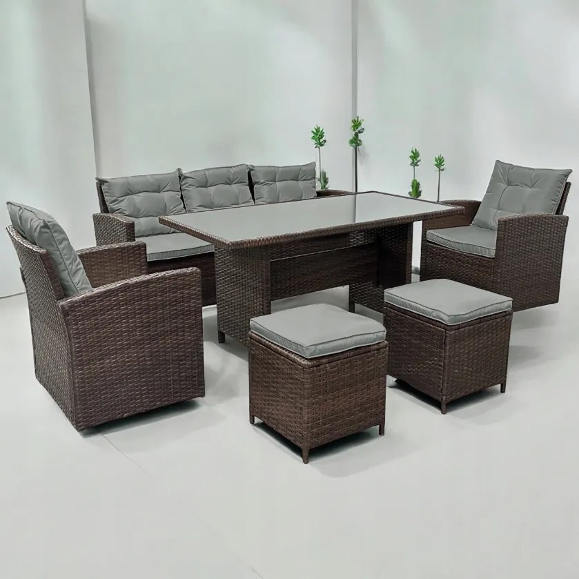 Ratanová súprava so stolíkom, pohovkou a 2 kreslami - hnedá + sivé vankúše