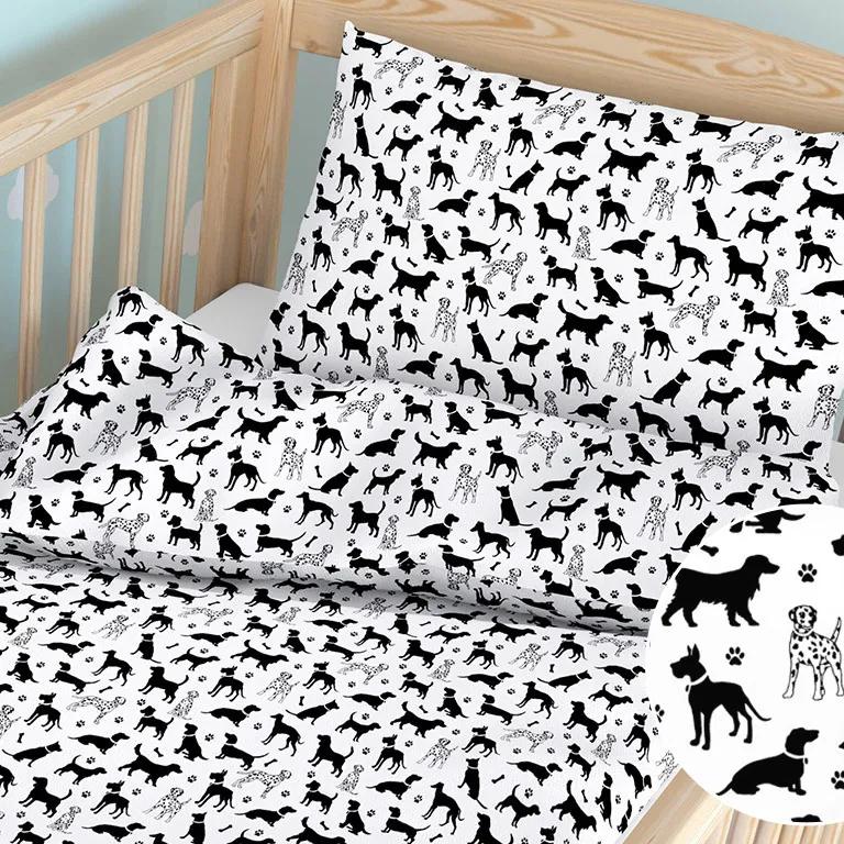 Goldea detské bavlnené obliečky do postieľky - vzor 945 čierni psi na bielom 90 x 120 a 40 x 60 cm