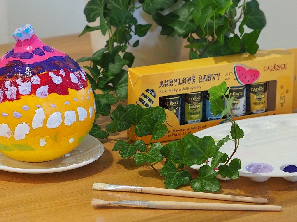 Akrylové farby na kamienky Cadence, súprava 6 ks a akrylový lak, 25 ml - žiarivé