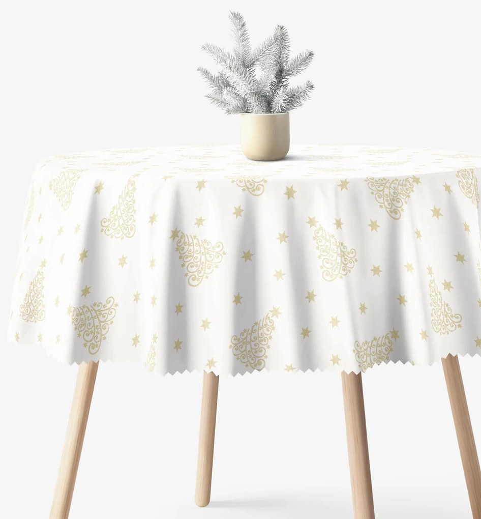 Goldea vianočný okrúhly teflónový obrus - zlaté vianočné stromčeky a hviezdičky Ø 150 cm