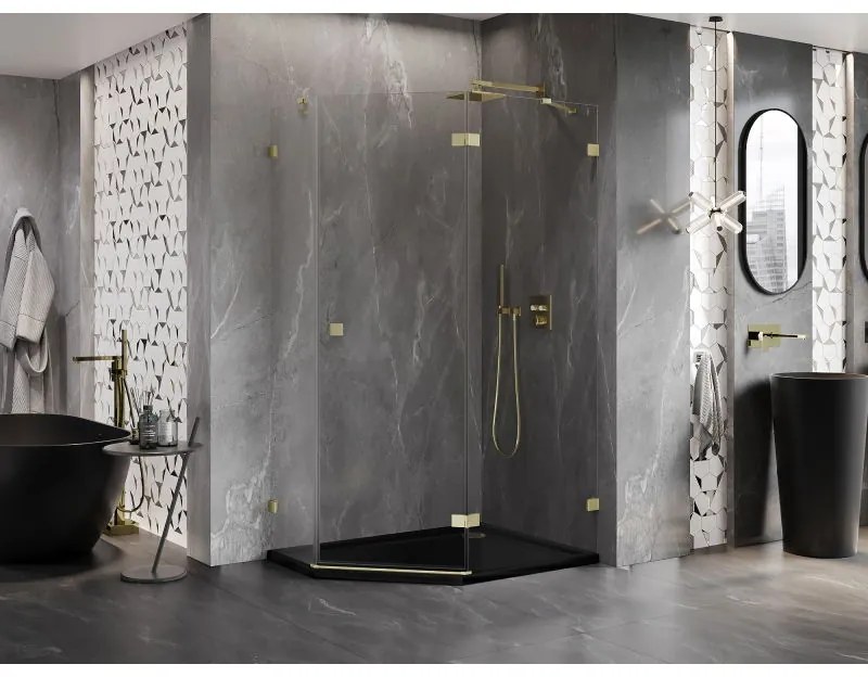Mexen Lunar, pravý výklopný päťuholníkový sprchový kút 100 x 90 cm, 8mm číre sklo, zlatý matný profil, 831-100P-090L-55-00-P