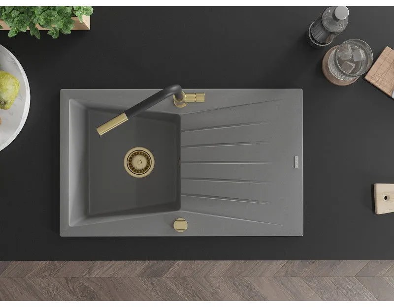 Mexen Cesar, 1-komorový granitový drez 775x470x190 mm a drezová batéria Flora, šedá, 6514-71-670401-57-G