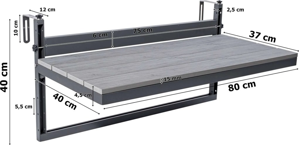 Závesný stolík na balkón AGATTI STONEWOOD - šedý