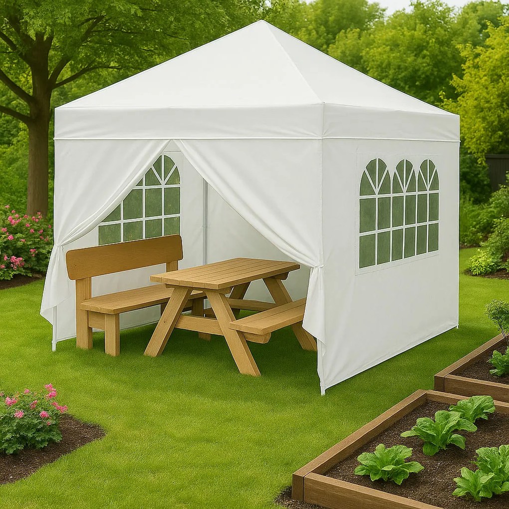 Záhradný pavilónový stan 3x3 m, automaticky rozkladací + 4 bočné steny, biely, MultiGarden