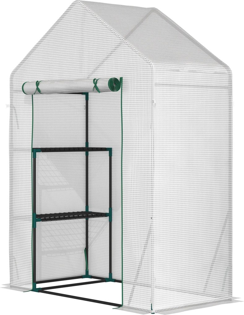 Outsunny Vonkajší skleník Malý skleník s 4 policami s rolovacím zipsovým dverami a oceľovým rámom pre plodiny, rastliny a kvety 143x73x195 cm Biela |