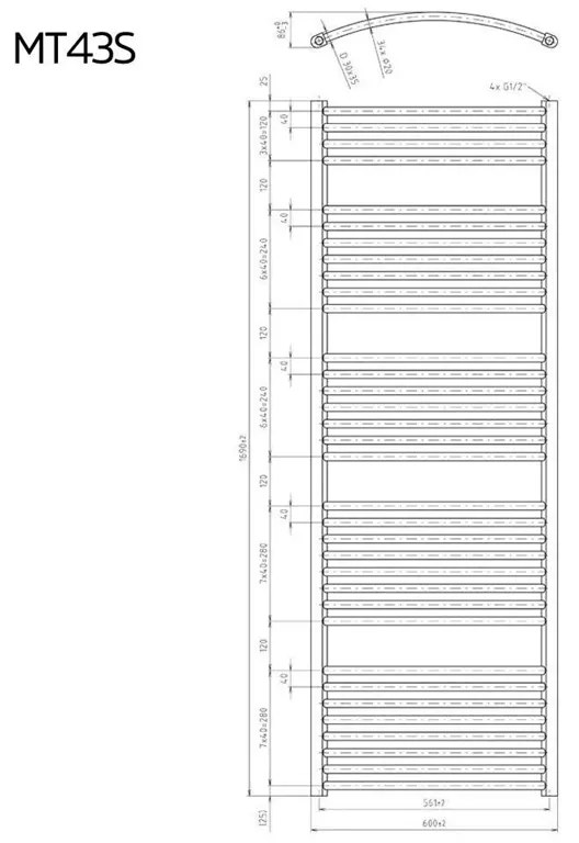 Mereo, Vykurovací rebrík 600x1850 mm, oblý, biely, stredové pripojenie, MER-MT44S