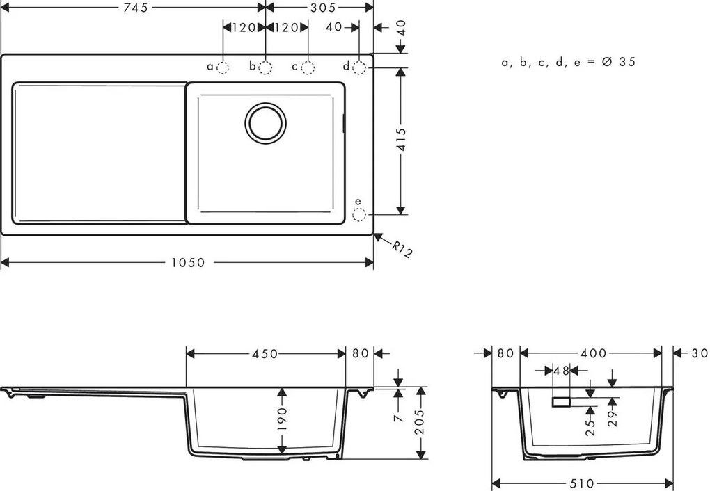 Hansgrohe S51, vstavaný drez 450 s odkvapkávacou plochou, čierny grafit, HAN-43314170