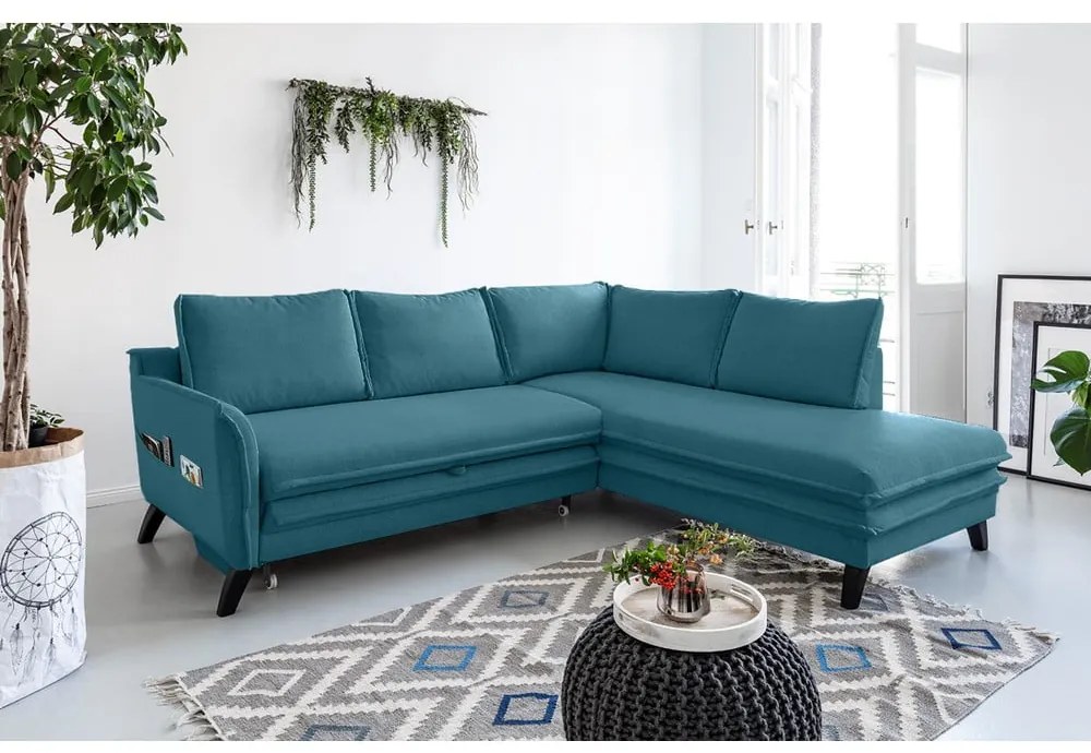 Tyrkysovomodrá rozkladacia rohová pohovka Miuform Charming Charlie L, pravý roh