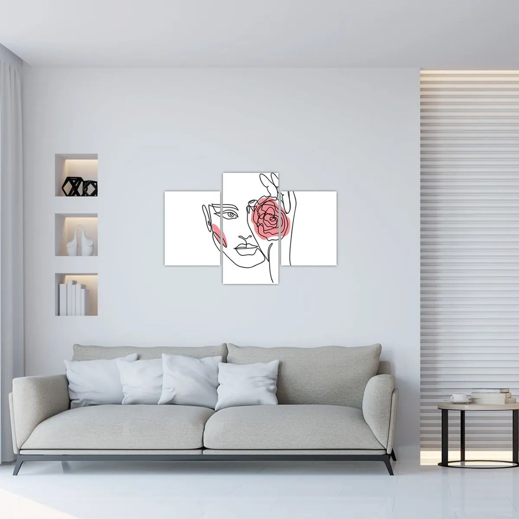 Obraz - Line art tvár s ružou (90x60 cm)