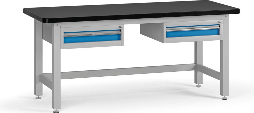 Pracovný stôl do dielne G4 s 2 závesnými boxami na náradie, MDF + PVC doska, 2 zásuvky, 1800 x 750 x 800 mm, modrá