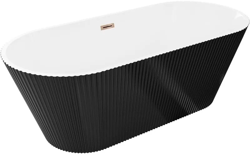 Mexen Yara, voľne stojaca ryhovaná vaňa 170 x 75 cm, biela-čierna, ružové zlato prepad, 52861707575-60