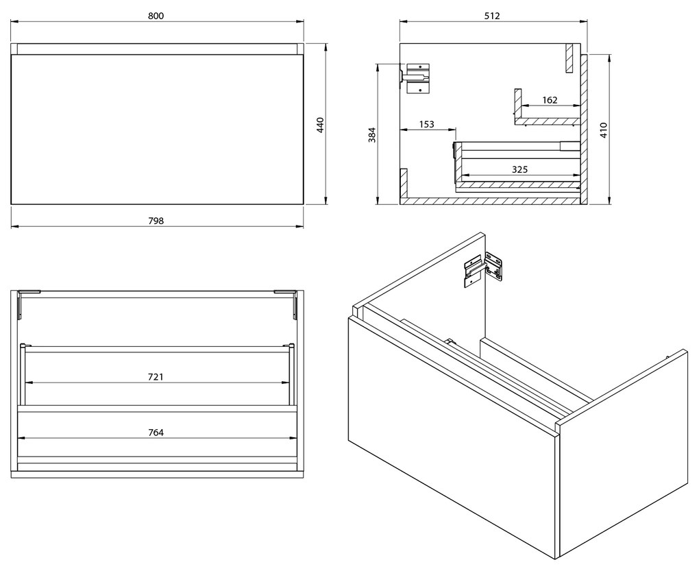 Sapho Sapho, LOREA skrinka 100x46x51,5cm (80+20cm), ľavá, dub collingwood/čierna matná, LE080-1935-L-03
