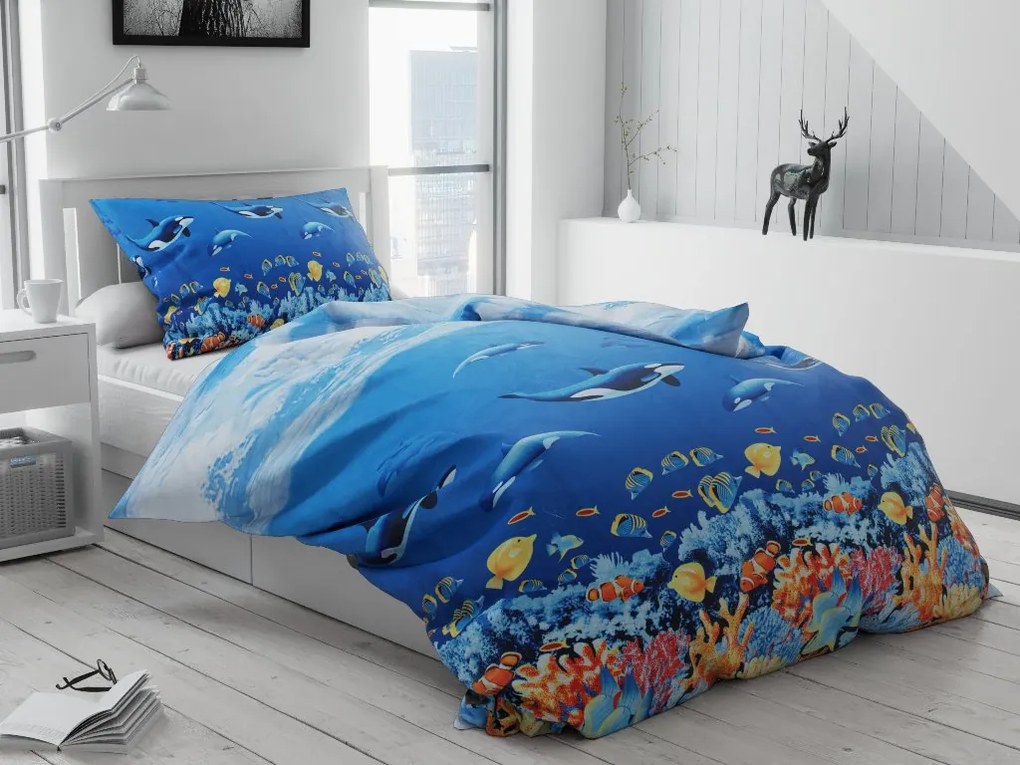 3D Obliečky polycotton Oceán TiaHome - 1x Vankúš 90x70cm, 1x Paplón 140x200cm