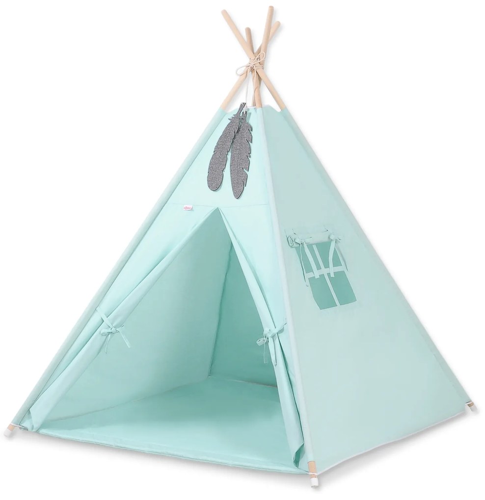 Bobono Stan Teepee pre deti + podložka na hranie + ozdobné pierka - mätová