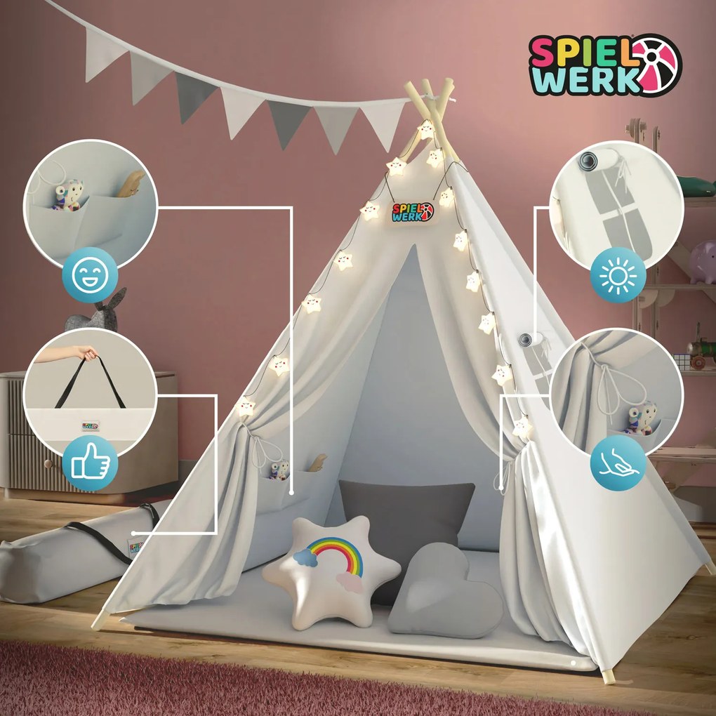 Detský stan teepee JULIUS, 120x120x160cm, biela/šedá Spielwerk