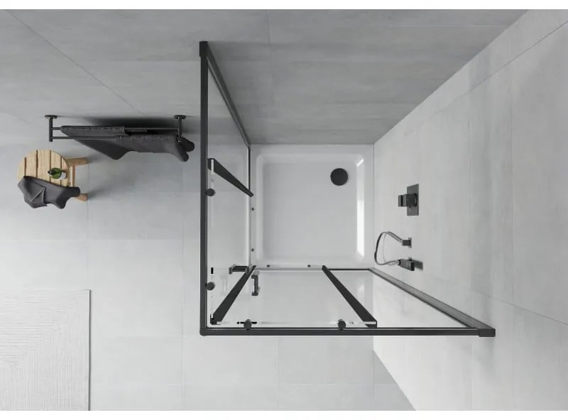 Mexen Rio, štvorcový sprchovací kút s posuvnými dverami 70(dvere) x 70(dvere) x 190 cm, 6mm číre sklo námraza, čierny profil + biela sprchová vanička SLIM, 860-070-070-70-00-4010B