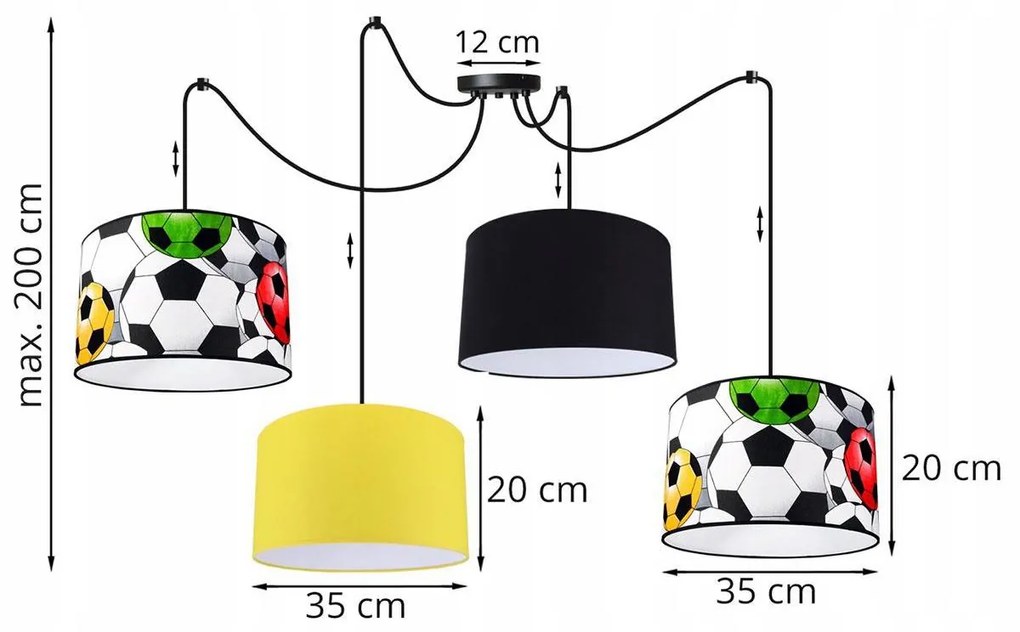 Detské závesné svietidlo SOCCER SPIDER, 4x textilné tienidlo so vzorom (mix 6 farieb), (výber z 2 farieb konštrukcie)