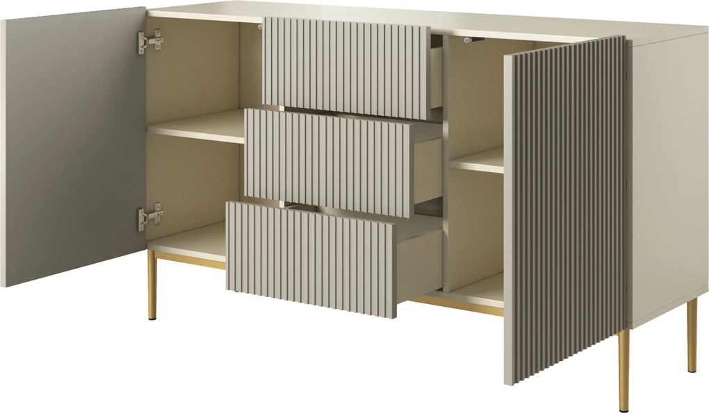 Komoda Nicole 150 cm so zásuvkami a ryhovaným čelom - kasmír / zlaté nožičky