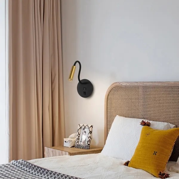 Brilagi -LED Flexibilná nástenná lampa s USB portom MAYA LED/3W/230V čierna/zlatá