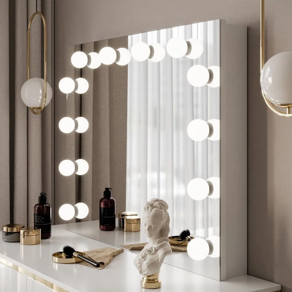 TOALETNÝ STOLÍK NESSIE SHINE BIELY LESK + ZLATÉ NOHY + LED