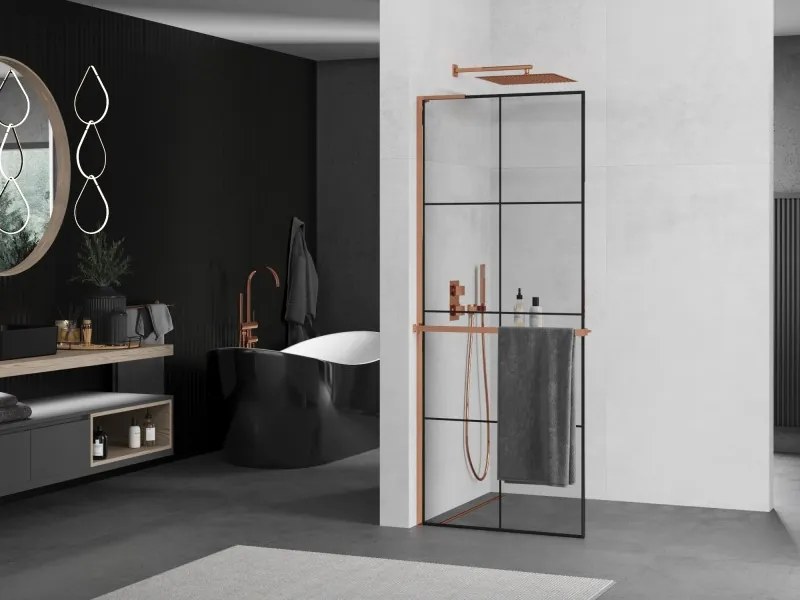 Mexen Kioto+ L, sprchová zástena Walk-In s poličkou a vešiakom 80 x 200 cm, 8mm číre sklo čierny vzor, ružové zlato profil, 800-080-123-60-77