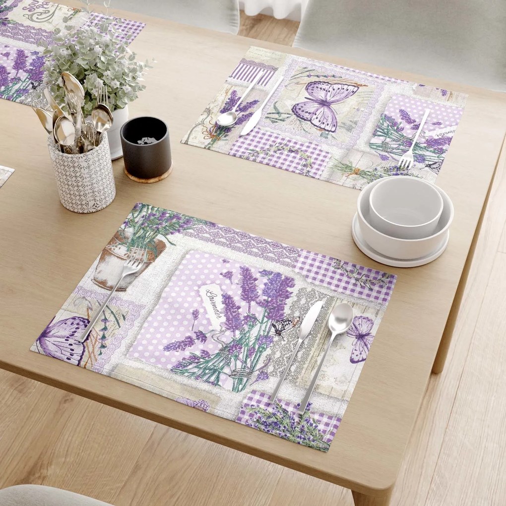 Goldea prestieranie na stôl 100% bavlnené plátno - patchwork levanduľou s motýľmi - sada 2ks 30 x 40 cm