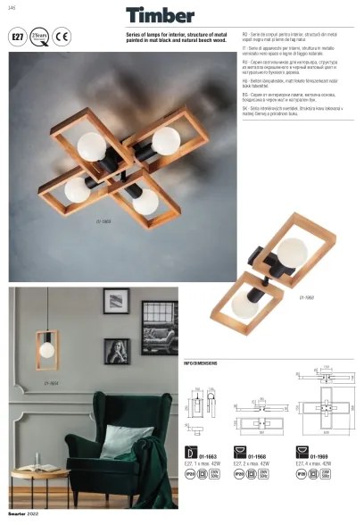 Redo 01-1665 - Luster na lanku TIMBER 3xE27/42W/230V