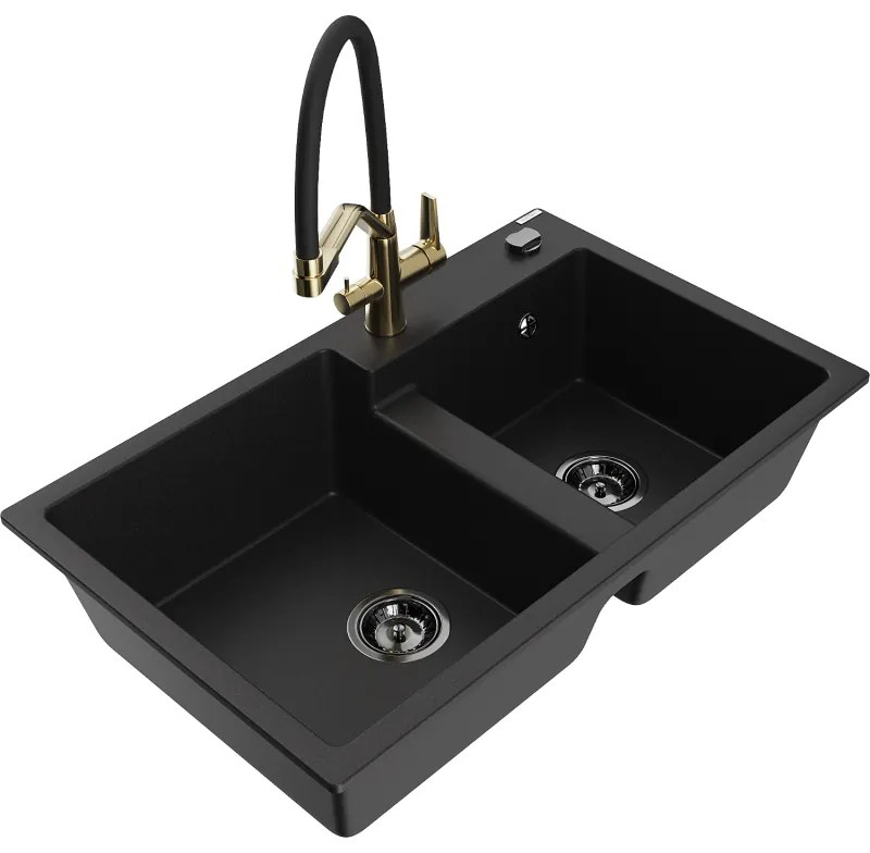 Mexen Tomas, 2-komorový granitový drez 800x500x190 mm  a kuchynská batéria Duo, čierna, 6516-77-671701-57-B